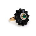 Load image into Gallery viewer, Black Onyx Flower Ring with Emerald Round Cabs and Diamonds 14 K Ring