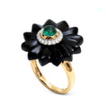 Load image into Gallery viewer, Black Onyx Flower Ring with Emerald Round Cabs and Diamonds 14 K Ring