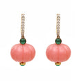 Load image into Gallery viewer, Emerald And Pink Opal Carving With Diamond Gemstone 14k Gold Earrings