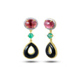 Load image into Gallery viewer, Natural Black Onyx and Tourmaline 18K gold earrings close-up detail - NFJSD-1848