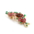 Load image into Gallery viewer, Natural Emerald Round Cabs and Tourmaline Flower Carving 14K gold brooch side angle - NFJSD-1239