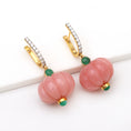 Load image into Gallery viewer, Natural Emerald Round Cabs and Pink Opal Carving Beads 14K gold earrings top view - NFJSD-1335