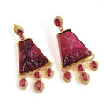 Load image into Gallery viewer, Natural Pink Tourmaline Carving and Pink Tourmaline Oval 18K gold earrings front view - NFJSD-1635
