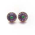 Load image into Gallery viewer, Natural Amethyst Carving Balls and Emerald Round Cabs 14K gold earrings close-up detail - NFJSD-1031