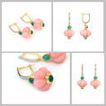 Load image into Gallery viewer, Natural Pink Opal and Emerald 18K gold earrings on-hand view - NFJSD-1781