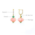 Load image into Gallery viewer, Natural Pink Opal and Emerald 18K gold earrings side angle - NFJSD-1781