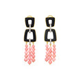 Load image into Gallery viewer, Natural Black Onyx Frame and Pink Opal Smooth Balls 18K gold earrings on-hand view - NFJSD-1405