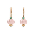 Load image into Gallery viewer, Natural Rose Quartz Carving and Emerald 18K gold earrings close-up detail - NFJSD-1756