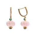 Load image into Gallery viewer, Natural Rose Quartz Carving and Emerald 18K gold earrings front view - NFJSD-1756