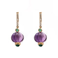 Load image into Gallery viewer, Natural Amethyst Carving and Emerald 18K gold earrings close-up detail - NFJSD-1757