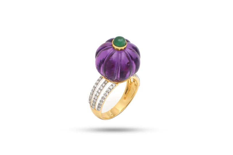 Amethyst Carving Balls & Emerald Round Cabs Ring - 14K Gold