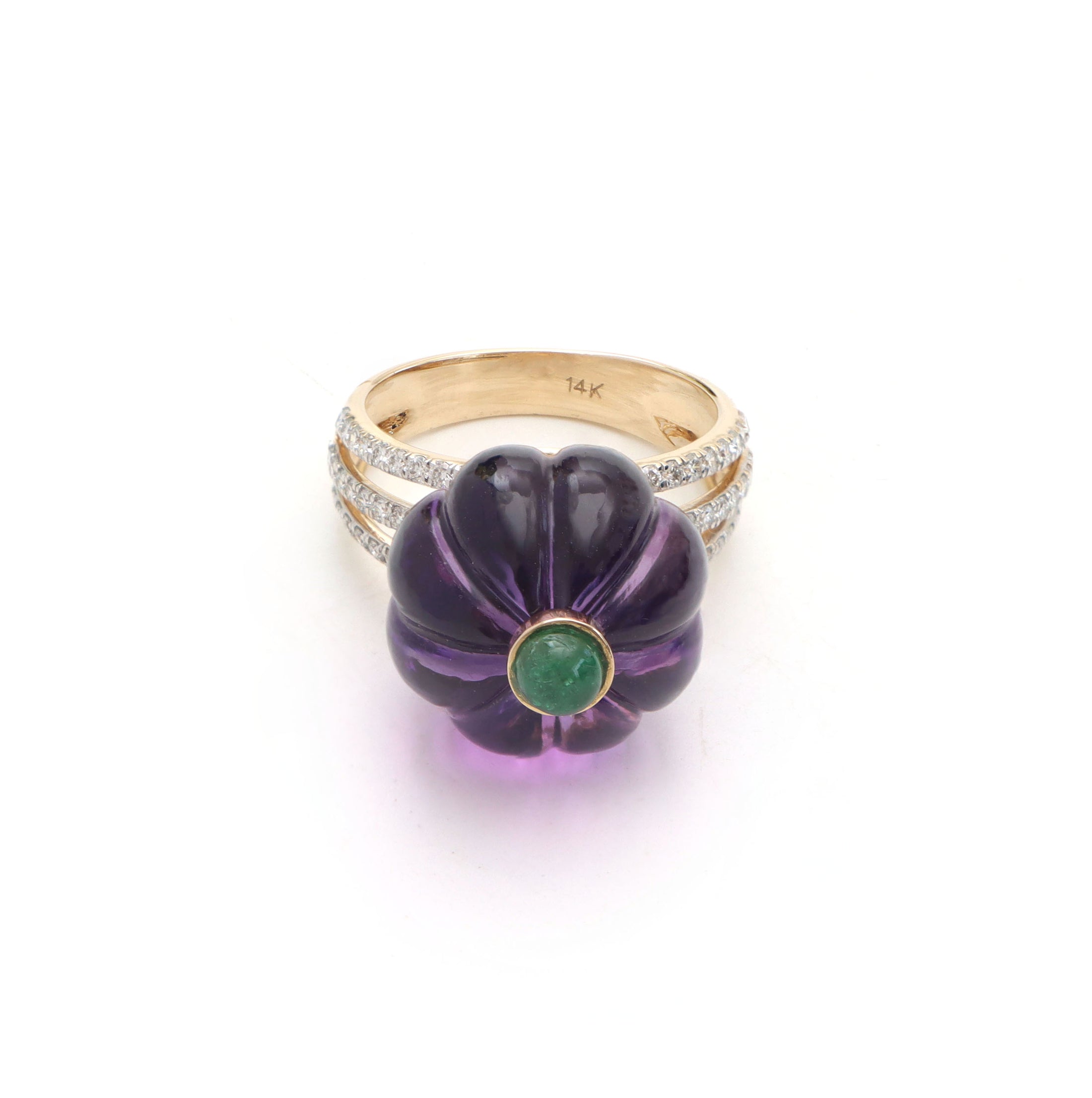 Amethyst Carving Balls & Emerald Round Cabs Ring - 14K Gold