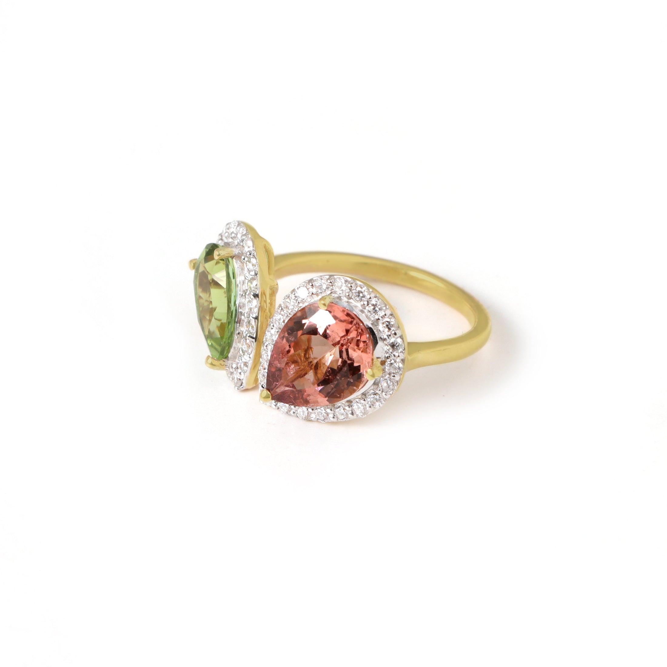 Green & Pink Tourmaline Diamond Ring in 18K Gold, Multi Gemstone Ring