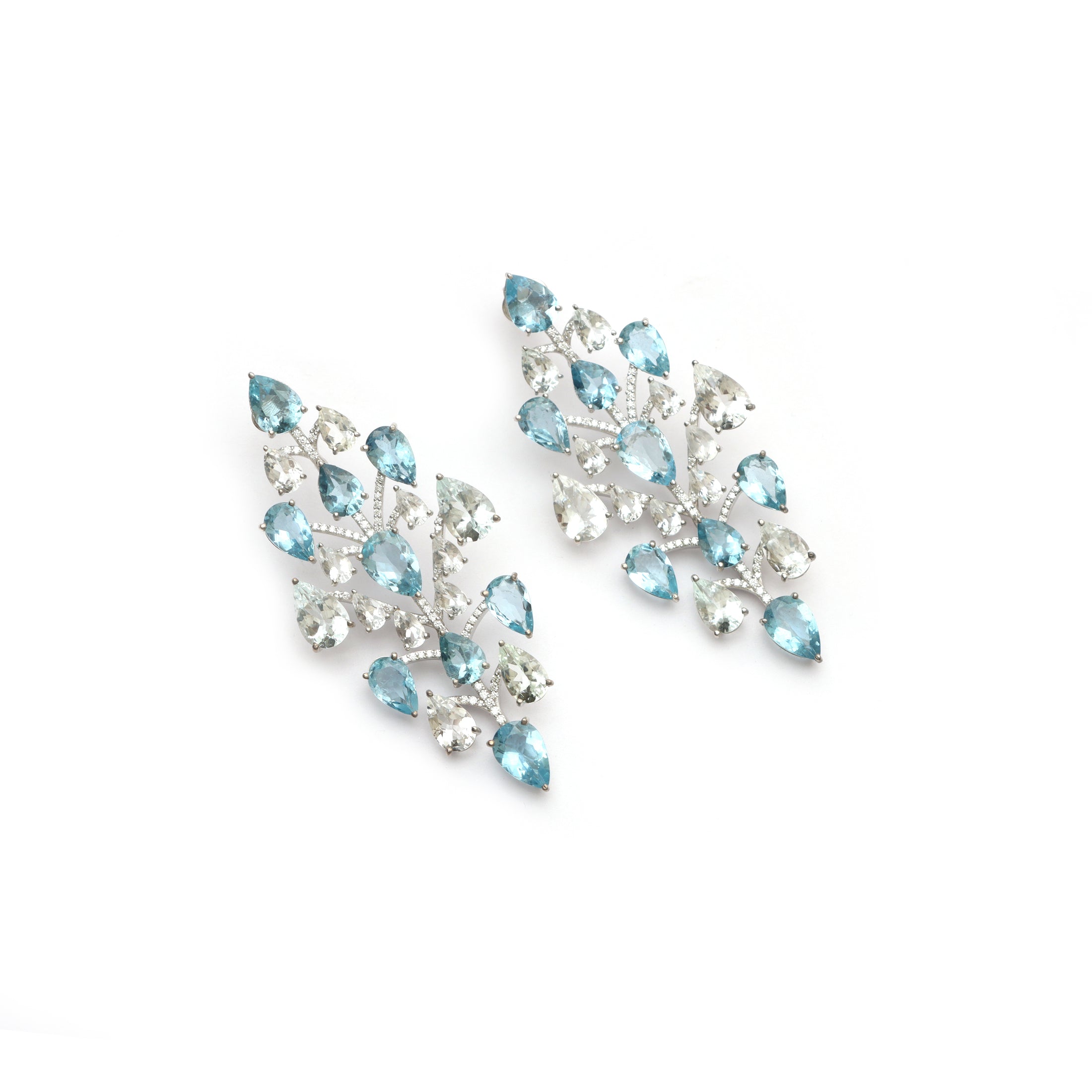 White & Blue Aquamarine Diamond Drop Earrings in 18K Gold Statement Earrings