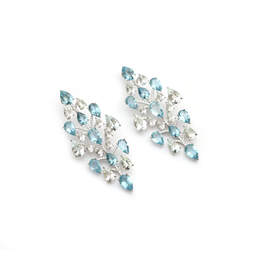 White & Blue Aquamarine Diamond Drop Earrings in 18K Gold Statement Earrings
