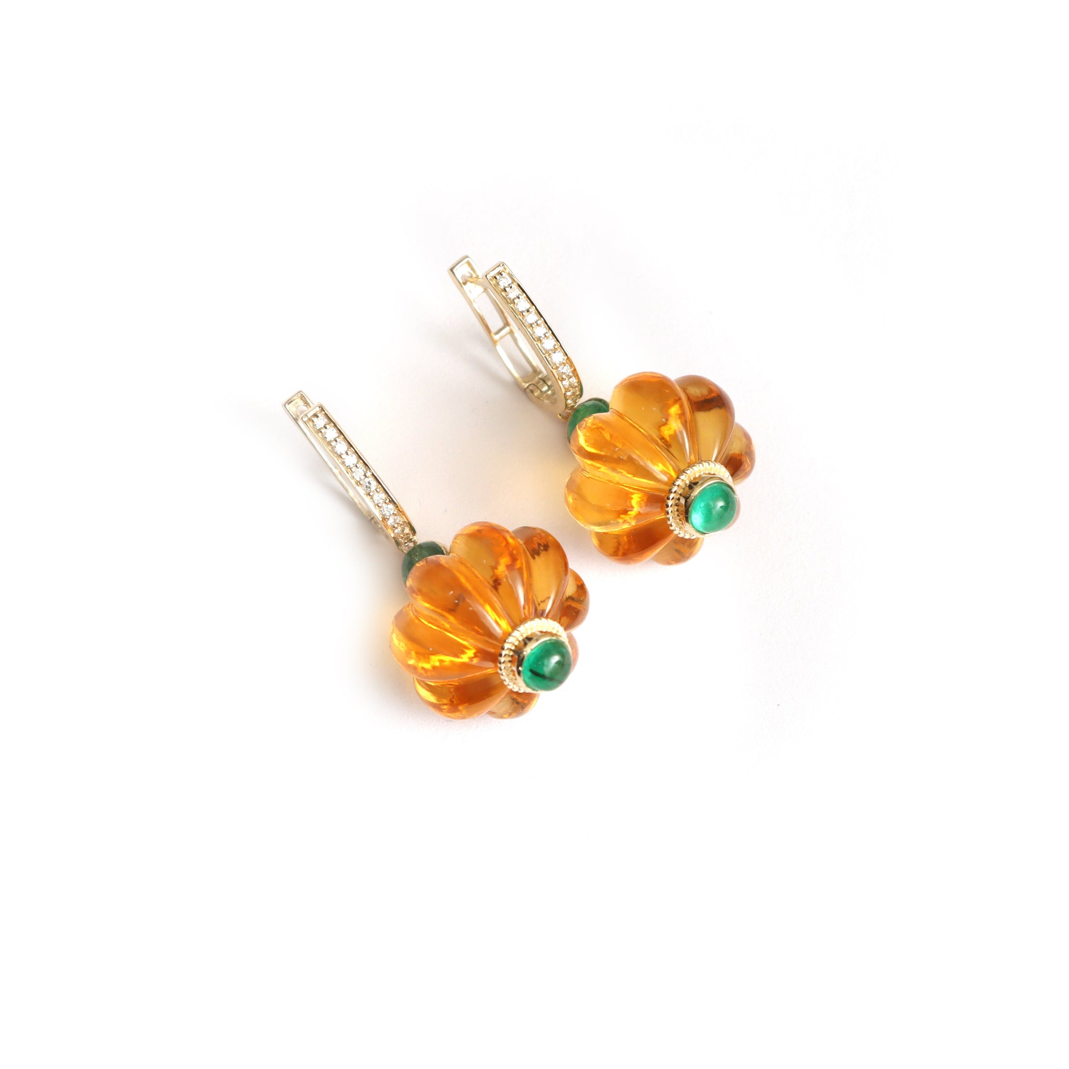 Citrine & Emerald Flower Drop Earrings in 14K Gold with Diamonds