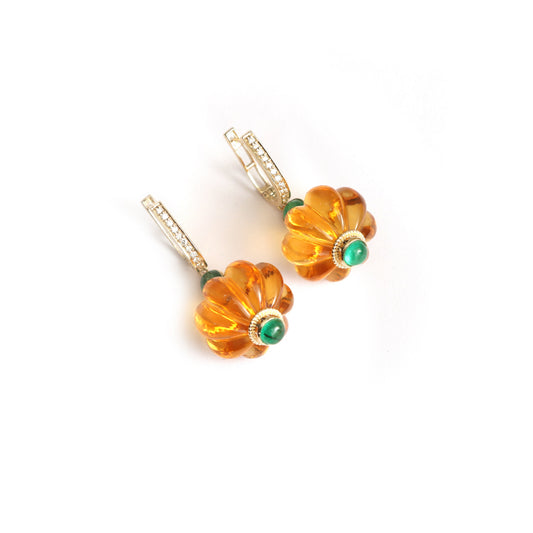 Citrine & Emerald Flower Drop Earrings in 14K Gold with Diamonds