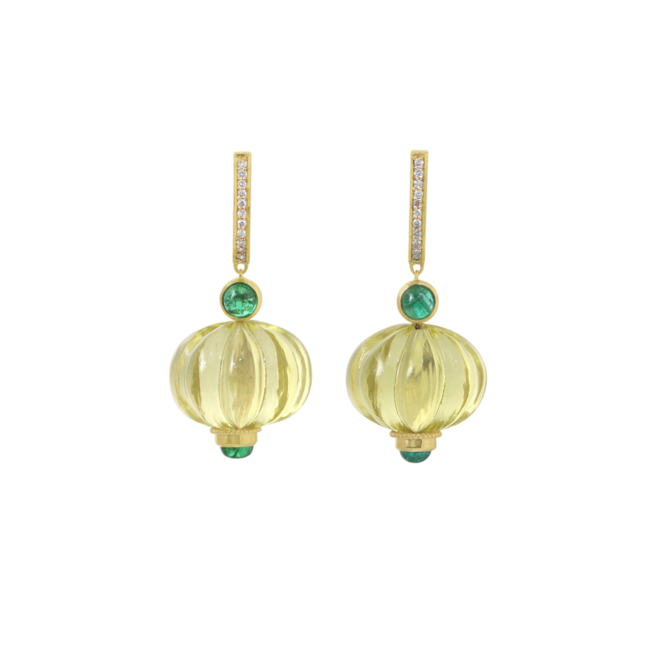 Lemon Quartz & Emerald Drop Earrings in 14K Gold with Diamonds