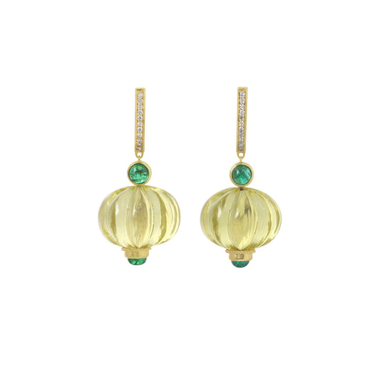 Lemon Quartz & Emerald Drop Earrings in 14K Gold with Diamonds