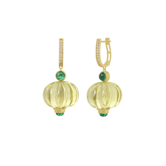 Lemon Quartz & Emerald Drop Earrings in 14K Gold with Diamonds