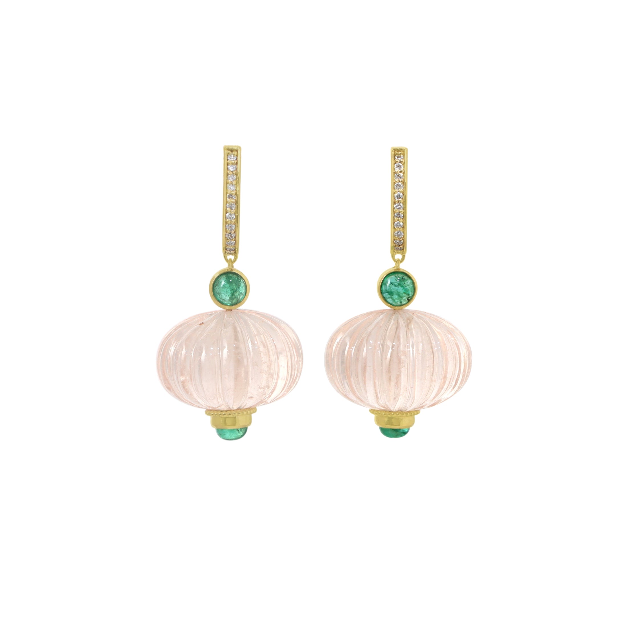 Morganite & Emerald Drop Earrings in 14K Gold with Diamonds