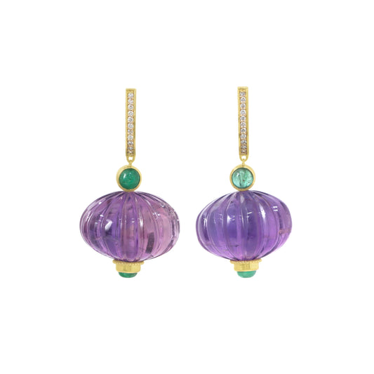 Amethyst & Emerald Drop Earrings in 14K Gold with Diamonds, Dangle And Drop Earrings