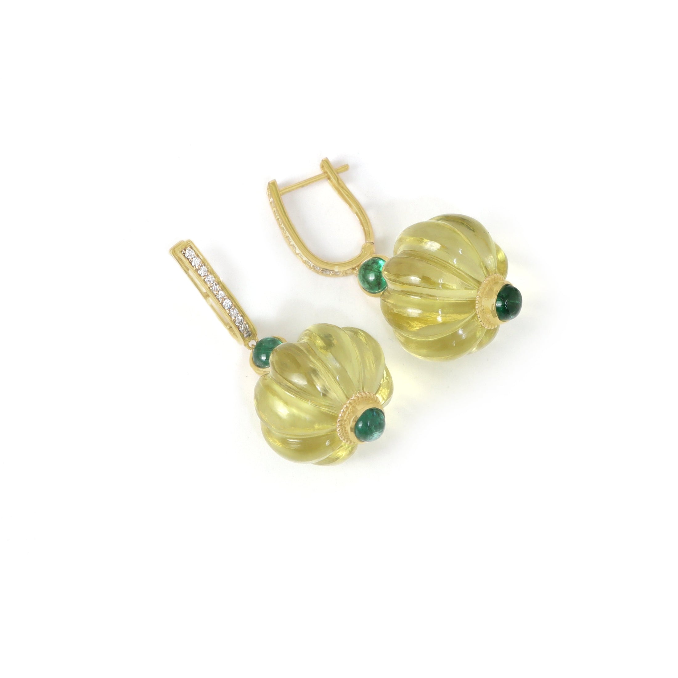 Lemon Quartz & Emerald Drop Earrings in 14K Gold with Diamonds
