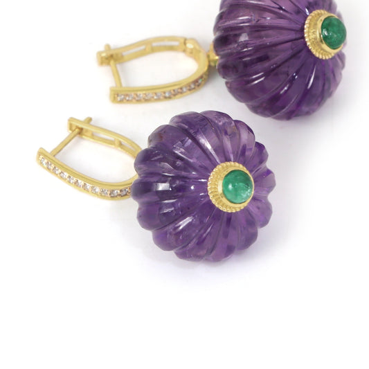 Amethyst & Emerald Drop Earrings in 14K Gold with Diamonds, Dangle And Drop Earrings
