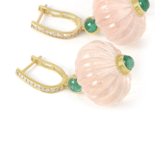 Morganite & Emerald Drop Earrings in 14K Gold with Diamonds