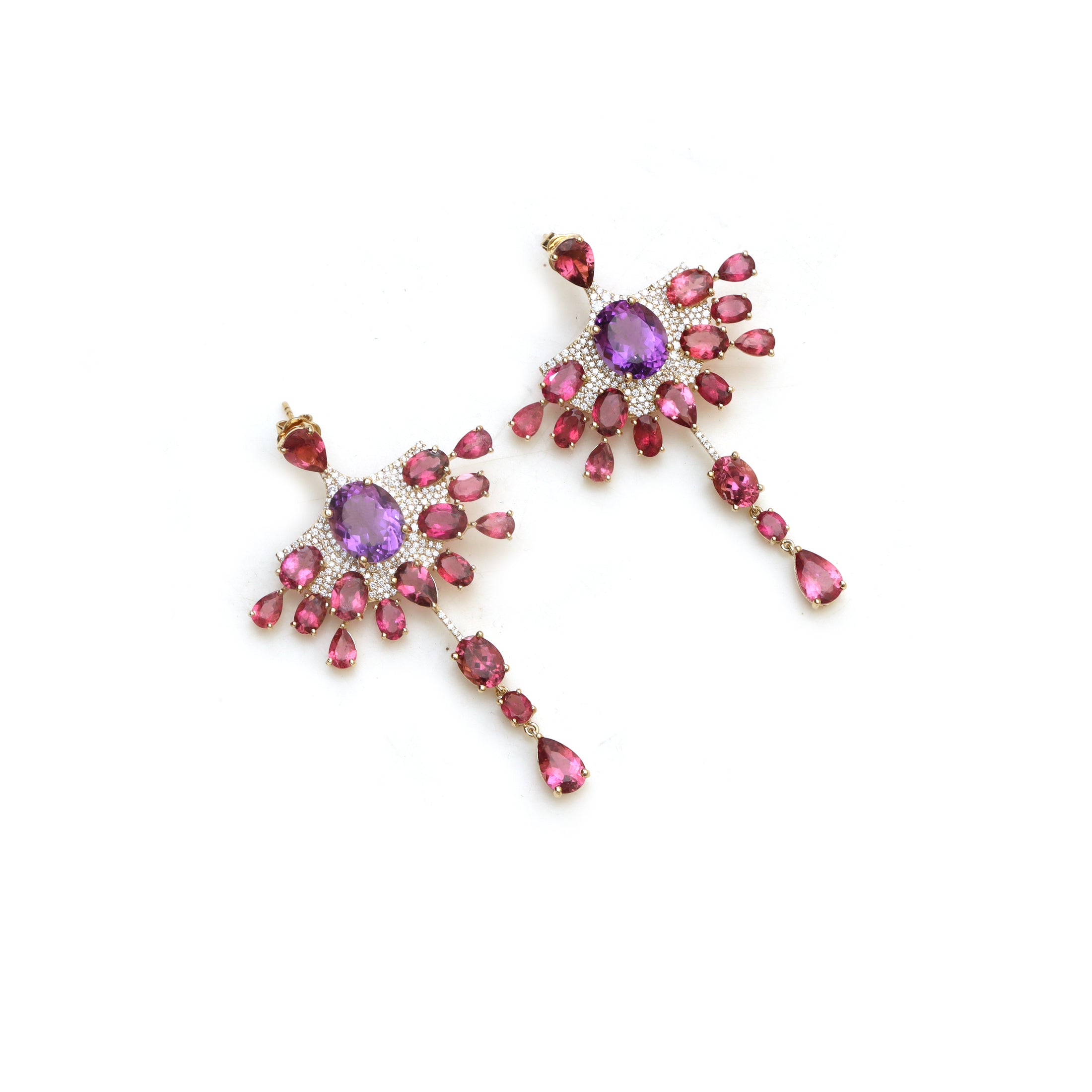 Amethyst & Pink Tourmaline Diamond Drop Earrings in 14K Gold Statement Earrings