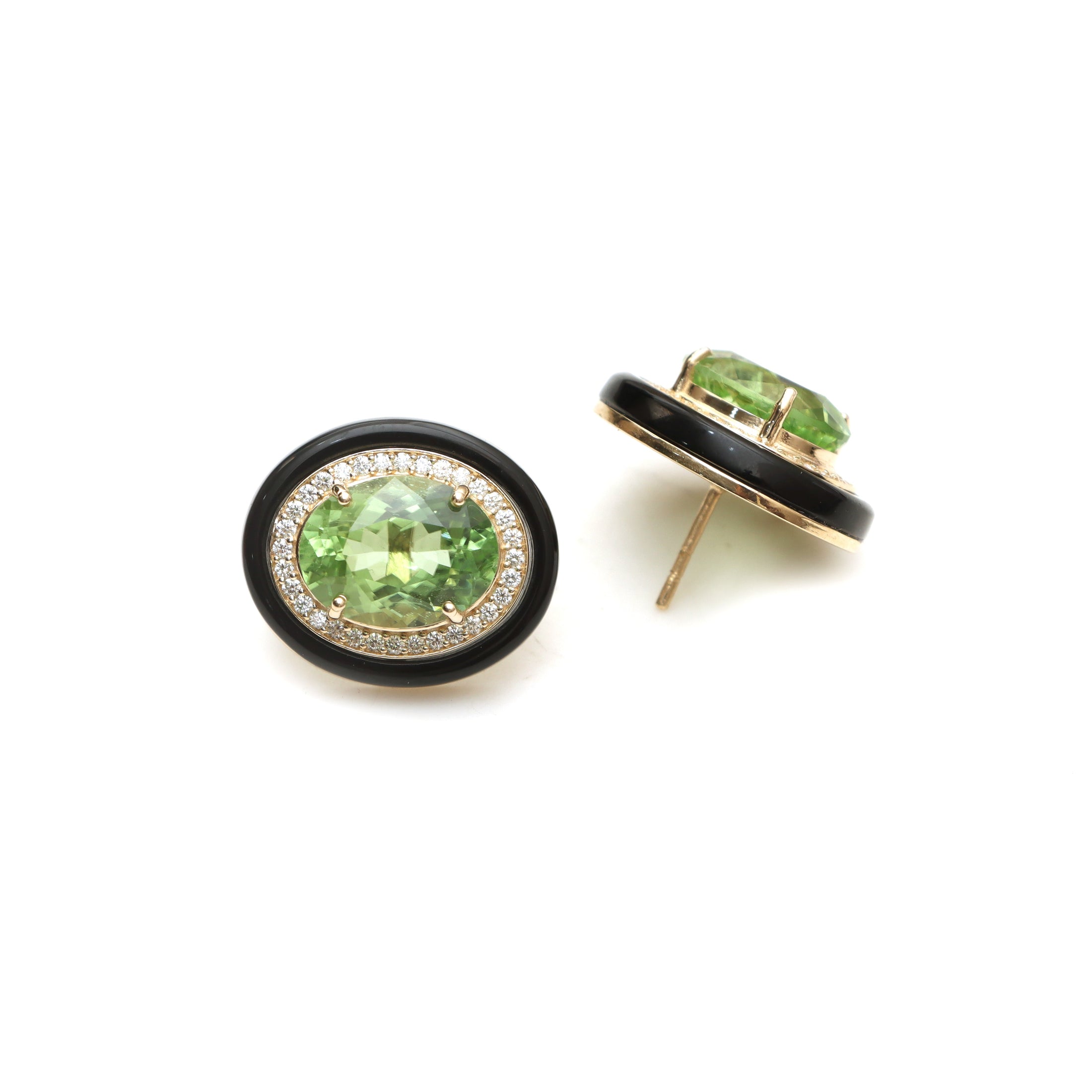 Black Onyx & Peridot Diamond Stud Earrings in 14K Gold
