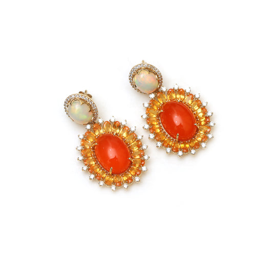 Opal, Spessartite & Carnelian Diamond Earrings in 18K Gold