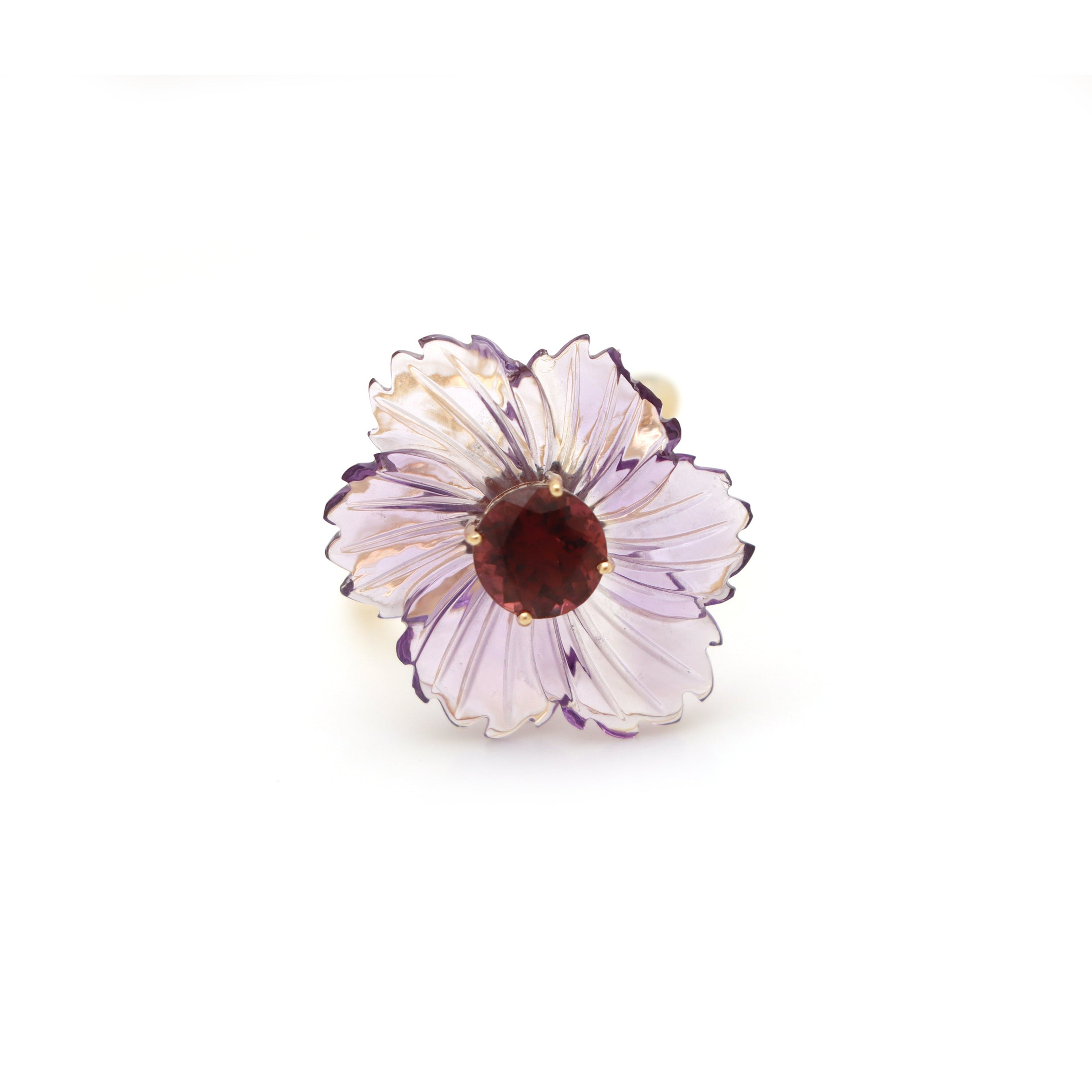 14k Gold Carving Amethyst And Pink Tourmaline Gemstone Ring