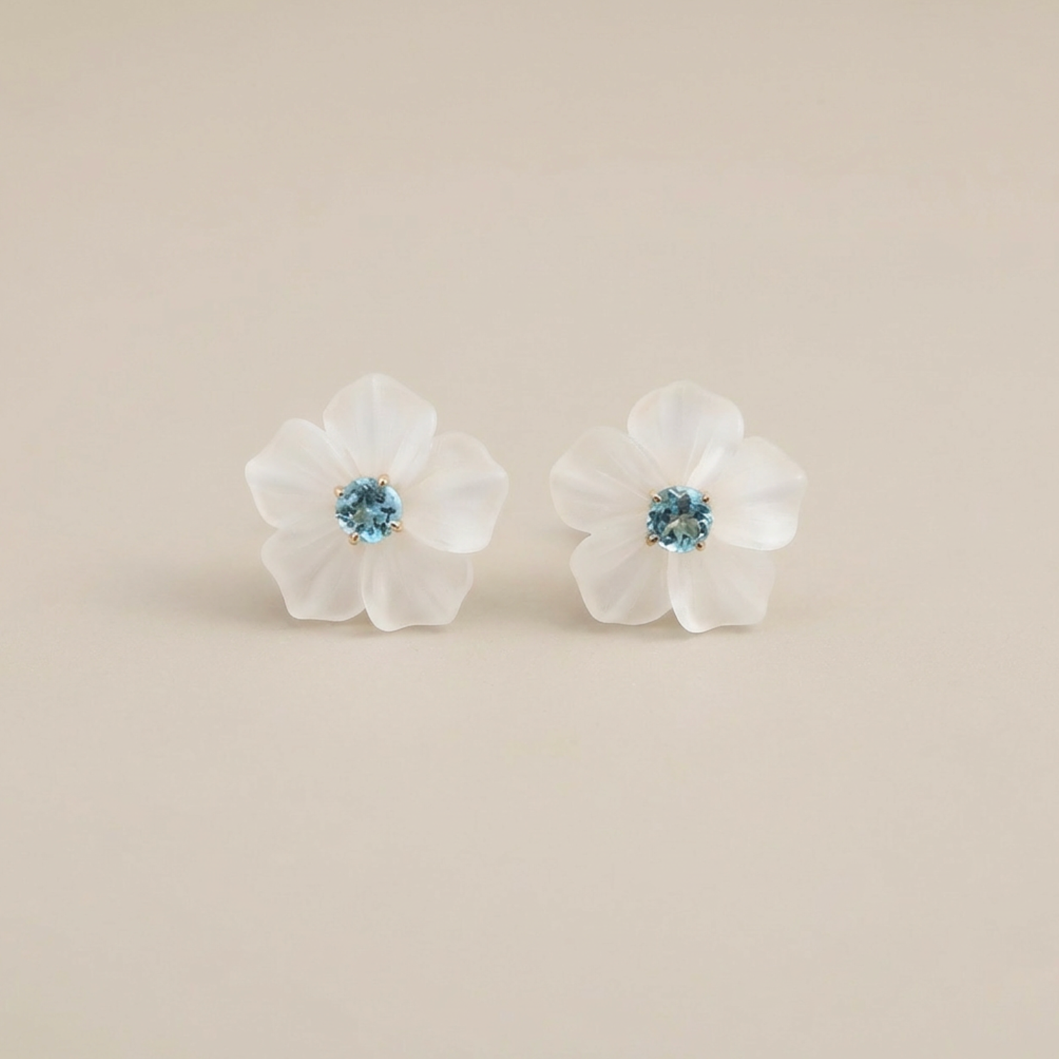 Natural Crystal Flower & Aquamarine 14K Solid Gold Earrings | Handcrafted Fine Jewelry