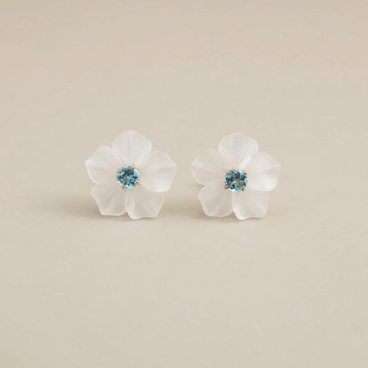 Natural Crystal Flower & Aquamarine 14K Solid Gold Earrings | Handcrafted Fine Jewelry