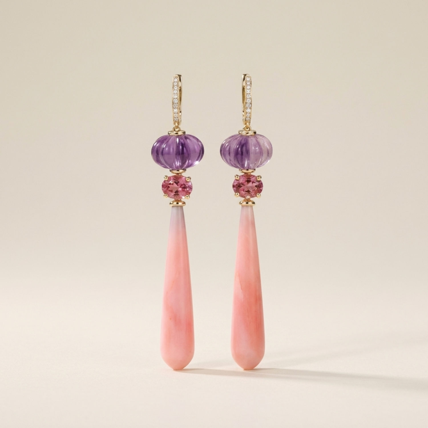 Natural Pink Opal & Amethyst 14K Solid Gold Earrings with Pink Tourmaline | Handcrafted Fine Jewelry