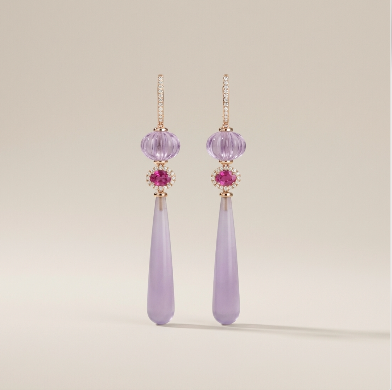 Natural Pink Amethyst & Ruby 14K Solid Gold Earrings with Yttrium Fluorite | Handcrafted Fine Jewelry