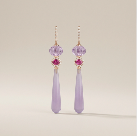Natural Pink Amethyst & Ruby 14K Solid Gold Earrings with Yttrium Fluorite | Handcrafted Fine Jewelry