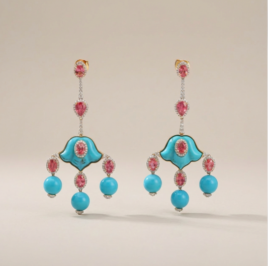 Natural Rubellite & Turquoise 18K Solid Gold Earrings | Handcrafted Fine Jewelry