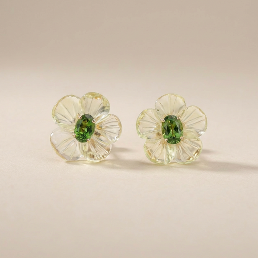 Natural Lemon Quartz & Tsavorite 14K Solid Gold Earrings | Handcrafted Fine Jewelry
