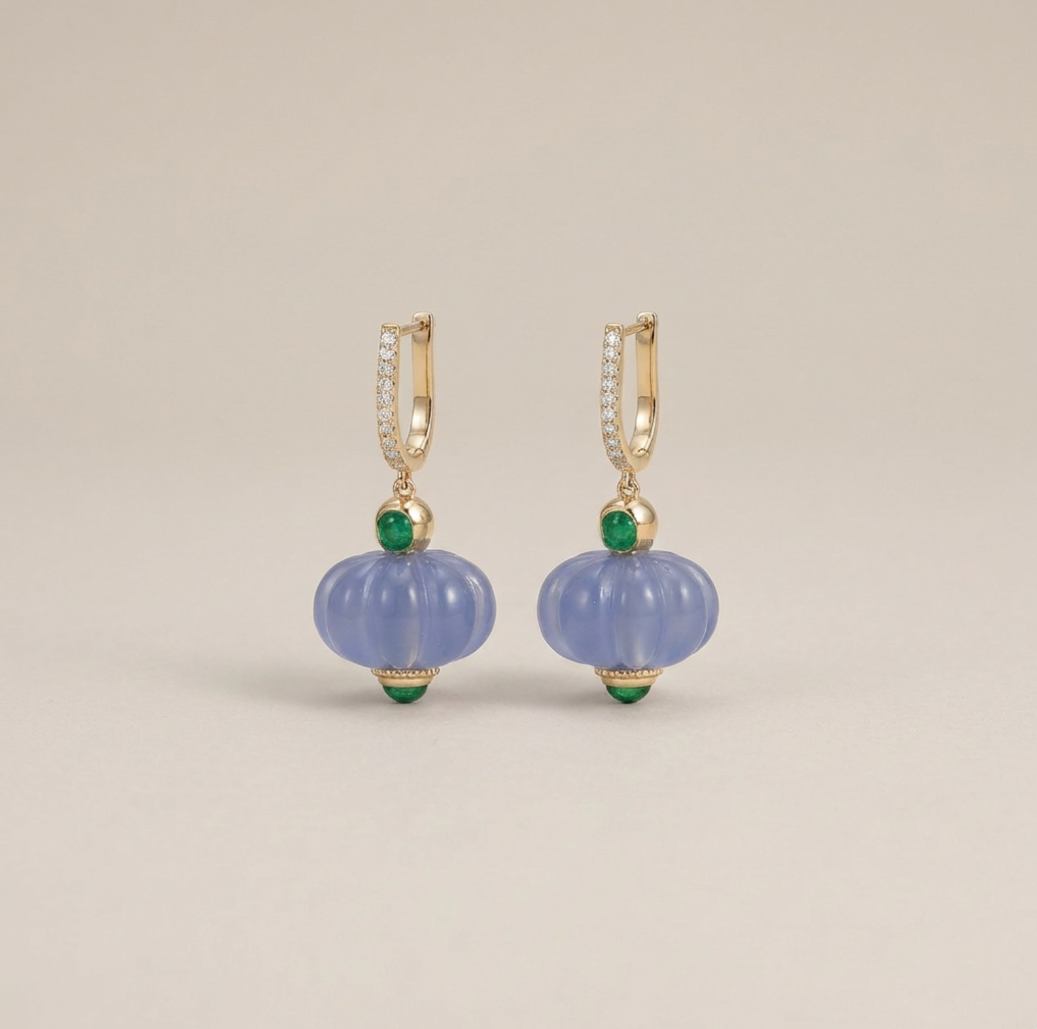 Natural Blue Chalcedony & Emerald 14K Solid Gold Earrings | Handcrafted Fine Jewelry