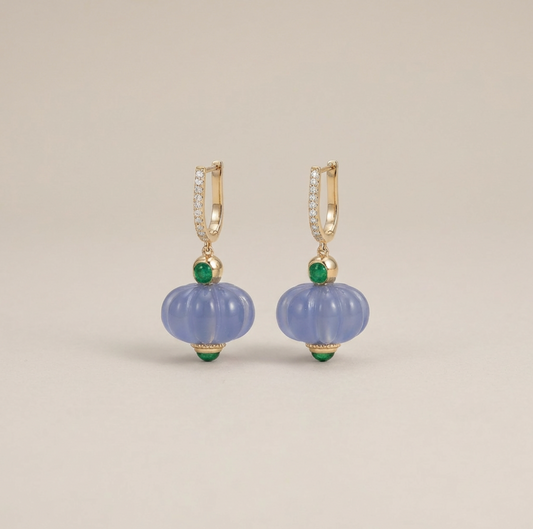 Natural Blue Chalcedony & Emerald 14K Solid Gold Earrings | Handcrafted Fine Jewelry
