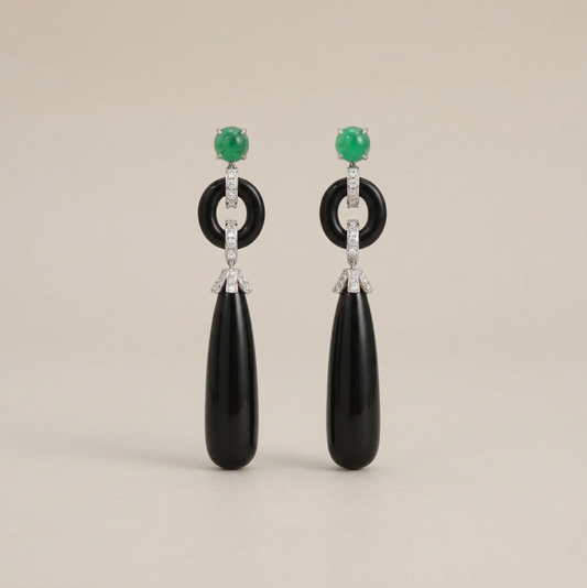 Natural Black Onyx & Emerald 14K Solid Gold Earrings | Handcrafted Fine Jewelry
