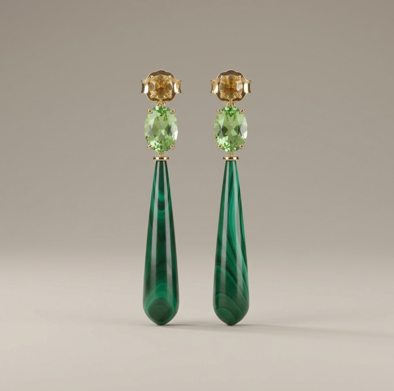 Natural Malachite & Peridot 14K Solid Gold Earrings with Citrine | Handcrafted Fine Jewelry