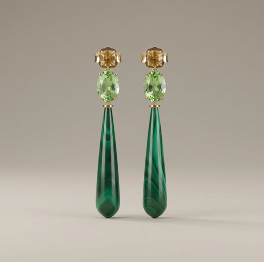 Natural Malachite & Peridot 14K Solid Gold Earrings with Citrine | Handcrafted Fine Jewelry