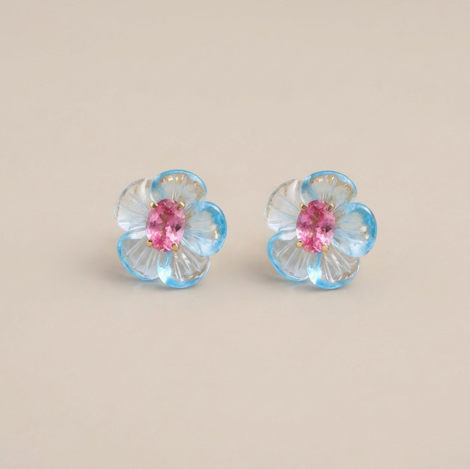 Natural Blue Topaz & Pink Tourmaline 14K Solid Gold Earrings | Handcrafted Fine Jewelry