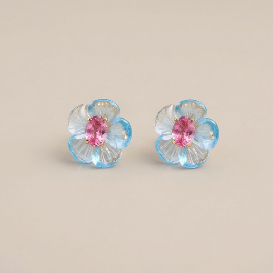 Natural Blue Topaz & Pink Tourmaline 14K Solid Gold Earrings | Handcrafted Fine Jewelry