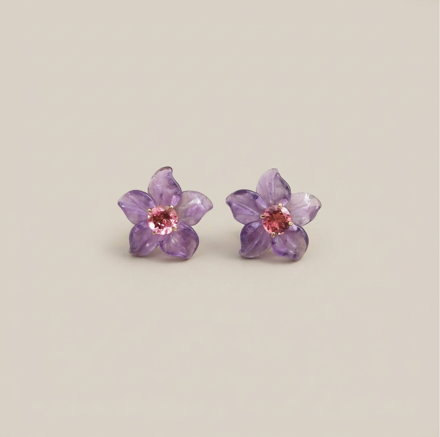 Natural Amethyst & Pink Tourmaline 14K Solid Gold Earrings | Handcrafted Fine Jewelry