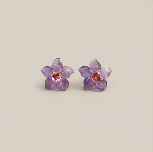 Natural Amethyst & Pink Tourmaline 14K Solid Gold Earrings | Handcrafted Fine Jewelry