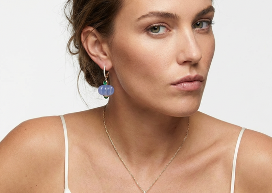 Natural Blue Chalcedony & Emerald 14K Solid Gold Earrings | Handcrafted Fine Jewelry